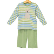 Load image into Gallery viewer, Ignite joyful playtime with the Boys Puppy Pant Set by Trotter Street Kids! The vibrant striped top, featuring an adorable puppy appliqué, pairs perfectly with soft green pants to keep your toddler comfortable and stylish all day long!
