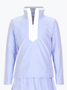 Introducing the Tory Athleisure Quarter Zip from Duffield Lane! Made with a lightweight, athletic material, this quarter zip features classic blue and white stripes, a mock neckline, and a convenient zip closure. Stay stylish and comfortable during your workouts with this must-have piece.