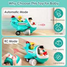 Load image into Gallery viewer, Watch your little one's eyes light up as this dual-mode airplane takes flight. Switch between Automatic mode for hands-free entertainment or Remote Control mode to let your child pilot the action—building coordination and confidence with every flight. Engineered with child-safe materials and a smooth, corner-free design, it prioritizes safety while soft LED lighting protects developing eyes. Ideal for developing fine motor skills and hand-eye coordination! Ages 18m+.
