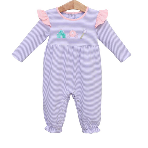 This adorable Princess Trio Romper is perfect for your little one! Designed with a purple striped pattern and whimsical princess appliques, it is both comfortable and stylish. Made by Trotter Street, this romper is sure to be a hit with your infant princess.