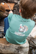 Load image into Gallery viewer, Let your little explorer embrace An Outdoor Tradition in this Kid&#39;s Pro Performance Long Sleeve T-shirt in Green Spruce with Turkey Gobbler. Whether he&#39;s heading out for a day of turkey scouting or simply playing outside, this kids performance t-shirt is built for adventure. Featuring an eye-catching hand-painted turkey graphic on the back, making it a favorite for photos and everyday wear. A must have for moms looking for quality outdoor kids wear.
