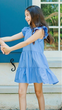 Load image into Gallery viewer, Transform your tween&#39;s spring wardrobe with our Layla Dress in Lapis Blue from Pleat! Featuring a flattering ruffle cap sleeves and a tiered skirt, this dress exudes charm and femininity. Elevate her style with this must-have piece!
