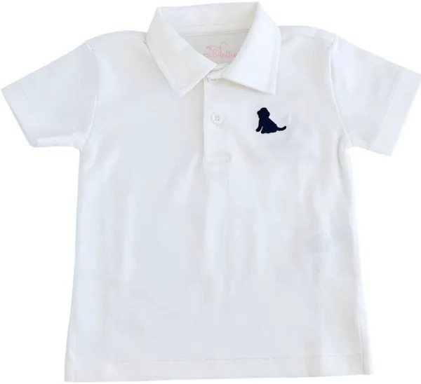 Get your little boy ready for Spring with this Boys White Polo featuring a cute navy blue puppy logo from James & Lottie. Made for boys of all ages, it pairs perfectly with any shorts for a stylish and adorable outfit. Perfect for any Summer celebration or casual day out!