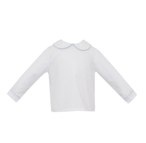 Boys Blue Piped Peter Pan Twill Shirt from Petit Bebe is a classic addition to your son's collection!