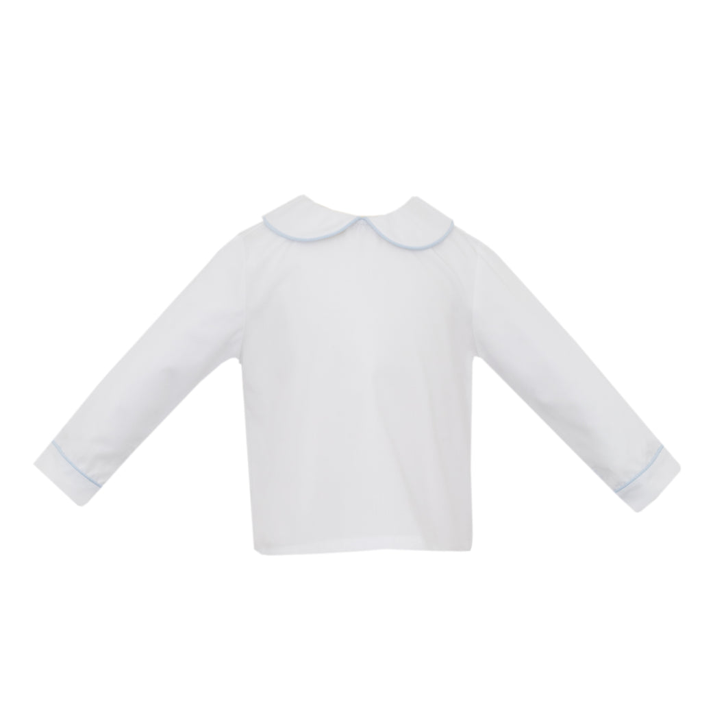 Boys Blue Piped Peter Pan Twill Shirt from Petit Bebe is a classic addition to your son's collection!