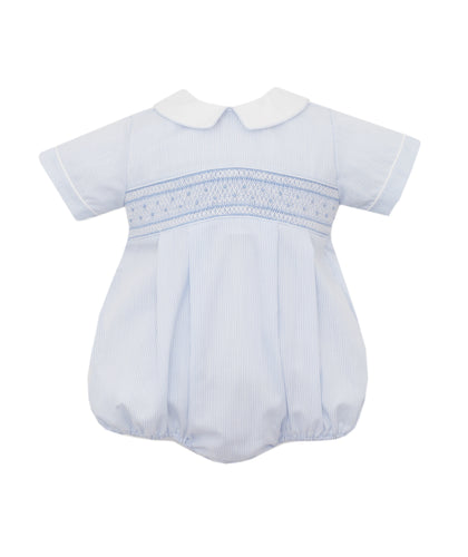 Introduce your little one to timeless style with our Light Blue Striped Smocked Boy's Bubble. Perfect for infant boys, this classic bubble features a white peter pan collar with piping detail and smocked detail across the chest. The matching Jon Jon for toddler boys makes for an adorable sibling set.