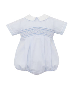 Introduce your little one to timeless style with our Light Blue Striped Smocked Boy's Bubble. Perfect for infant boys, this classic bubble features a white peter pan collar with piping detail and smocked detail across the chest. The matching Jon Jon for toddler boys makes for an adorable sibling set.