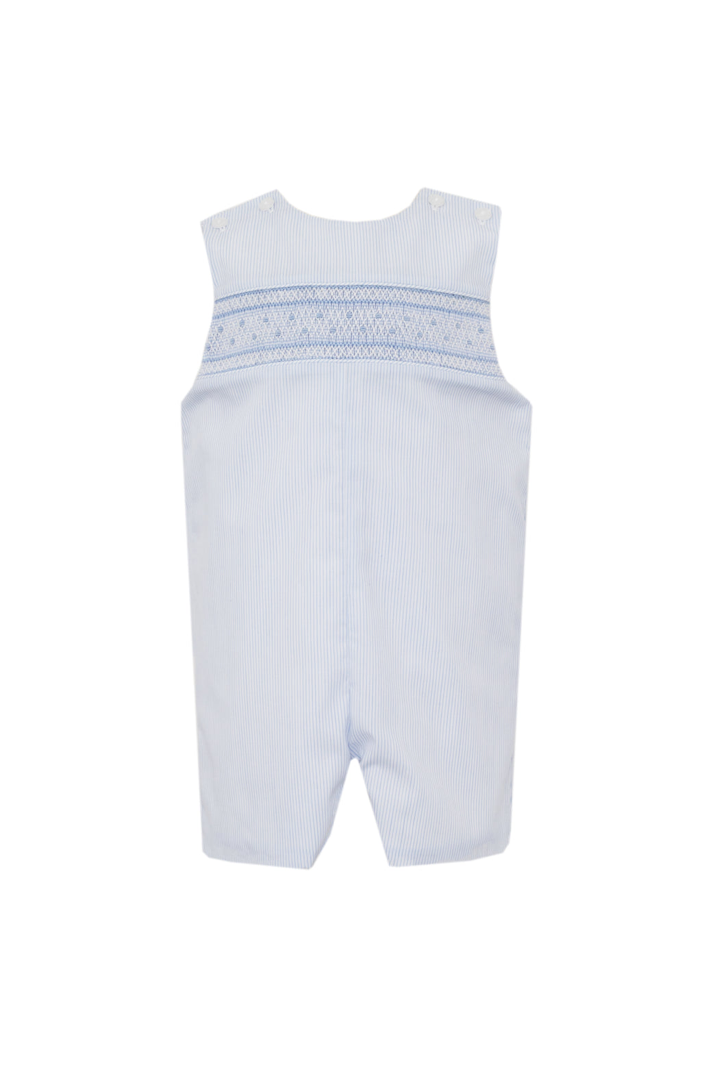 Transform your little boy into a dapper young man with Petit Bebe's Boy's Smocked Light Blue Striped Jon Jon. The classic blue and white stripe design, complete with smocked detailing, exudes charm and sophistication. Pair it with the white piped peter pan shirt for a complete, polished look! Matching infant boy's bubble for a picture perfect sibling set!