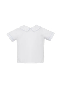 Introducing the Blue Striped Piping Peter Pan Shirt from Petit Bebe! This classic white shirt features a playful pop of blue striped piping along the collar, giving it a charming touch. Complete the look with our matching Toddler Boy's Light Blue Striped Jon Jon for a stylish and coordinated outfit. Elevate your little one's wardrobe with this adorable shirt today!