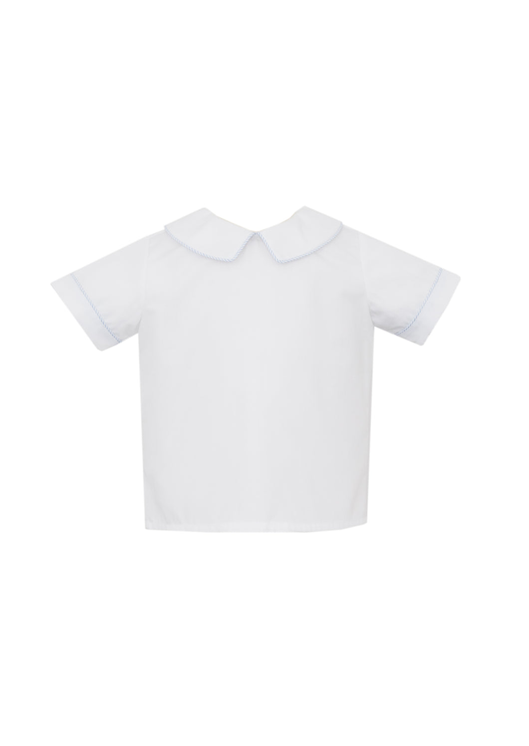Introducing the Blue Striped Piping Peter Pan Shirt from Petit Bebe! This classic white shirt features a playful pop of blue striped piping along the collar, giving it a charming touch. Complete the look with our matching Toddler Boy's Light Blue Striped Jon Jon for a stylish and coordinated outfit. Elevate your little one's wardrobe with this adorable shirt today!