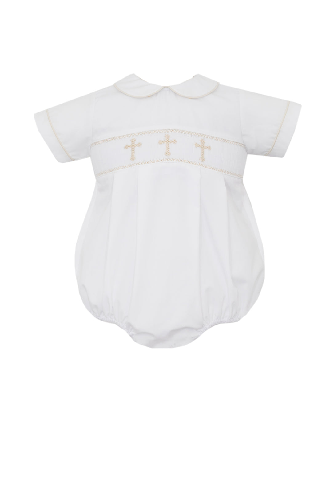 The perfect Easter outfit for your little one! Our White Poplin Boys Cross Embroidered Bubble from Petit Bebe features beautiful gold crosses embroidered across the bodice, a classic peter pan collar, and short sleeves. This delicate and elegant design is perfect for any religious ceremony or special occasion.