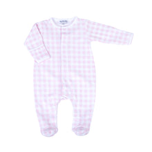 Load image into Gallery viewer, Keep your little one cozy and comfortable in our Baby Pink Checks Infant Footie Pajamas! Made with a soft pink and white checkered pattern, these footie pajamas are perfect for snuggles and sleep. From playtime to bedtime, keep your baby stylish and cozy with Magnolia Baby.
