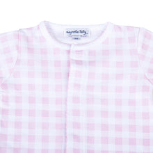 Load image into Gallery viewer, Keep your little one cozy and comfortable in our Baby Pink Checks Infant Footie Pajamas! Made with a soft pink and white checkered pattern, these footie pajamas are perfect for snuggles and sleep. From playtime to bedtime, keep your baby stylish and cozy with Magnolia Baby.
