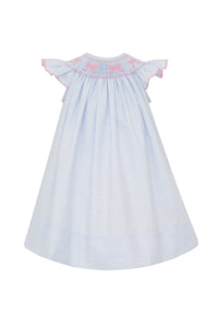 This charming Bow Bishop Dress from petit bebe is perfect for your little girl! With its soft blue and white stripes, delicate embroidered pink bows, and angel sleeves, it is both stylish and comfortable. A must-have for toddler girls this Spring. Infant and toddler girls matching bloomer set also available!
