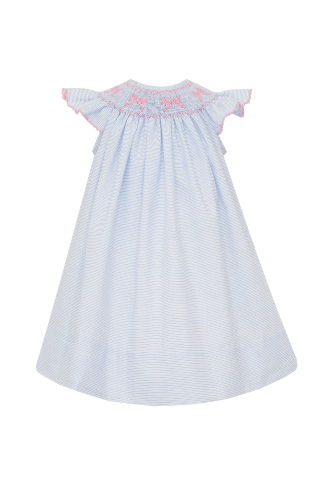 This charming Bow Bishop Dress from petit bebe is perfect for your little girl! With its soft blue and white stripes, delicate embroidered pink bows, and angel sleeves, it is both stylish and comfortable. A must-have for toddler girls this Spring. Infant and toddler girls matching bloomer set also available!