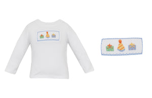 Celebrate your little one’s special day in style with the Boy's Birthday Smocked Long Sleeve T-Shirt by Petit Bebe. This charming t-shirt is adorned with a delicate smocking and embroidered birthday hats and gifts detail. Ideal for making your infant boy's birthday truly unforgettable! Pairs with the Blue Gingham Pants for a pulled together birthday look!
