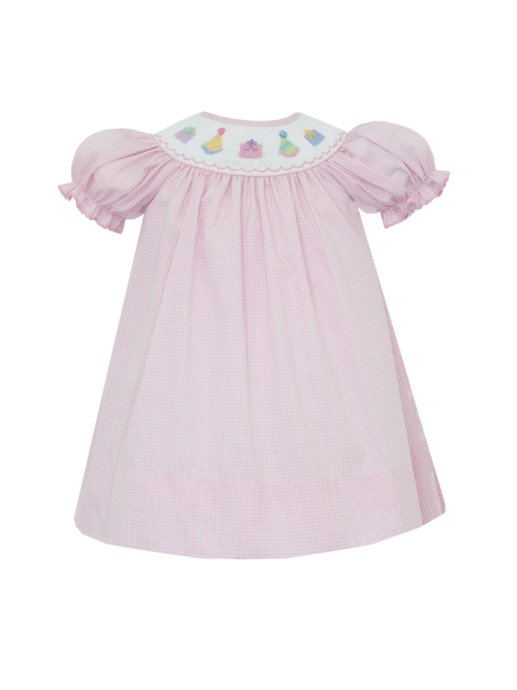 Celebrate your little one’s special day in style with the Girl's Pink Gingham Birthday Smocked Dress by Petit Bebe. This charming dress showcases a pink and white gingham design, adorned with a delicate smocked collar and embroidered birthday hats and gifts. Ideal for making your sweet girl’s birthday truly unforgettable!