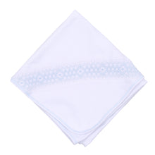 Load image into Gallery viewer, Swaddle your little one in comfort with our Essentials Smocked Blanket with Pink&nbsp; or Blue Smocked Trim. Inspired by the simple elegance of a new beginning, this blanket is crafted from the softest Pima Cotton and features a charming hand-smocked detail. Its cozy feel and generous size make it perfect for cuddling.
