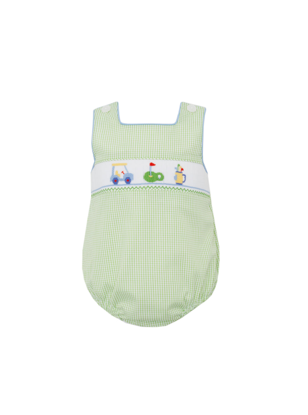 Dress your little one in style with the Infant Boys Green Check Smocked Bubble from Petit Bebe. Made from a soft green and white gingham check material, this adorable one-piece features a playful golf motif smocked and embroidered on the chest. Perfect for a day at the country club or a sunny day on the green!