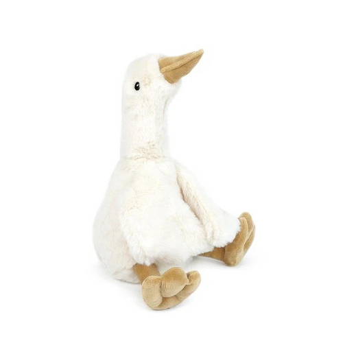 Introducing our smaller Pru Goose, an adorable stuffed companion in soft cream plsuhg. This whimsical barnyard buddy is sure to become an instant favorite! With its long neck, charming mustard-colored velour beak and feet, and floppy wings, Pru has a truly unique character. Pru's cleverly weighted bottom lets it perch happily on your shelf or join the fun during story-time. Get ready to embark on countless imaginative adventures. Measures 12 in / 30.5cm