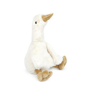 Introducing our smaller Pru Goose, an adorable stuffed companion in soft cream plsuhg. This whimsical barnyard buddy is sure to become an instant favorite! With its long neck, charming mustard-colored velour beak and feet, and floppy wings, Pru has a truly unique character. Pru's cleverly weighted bottom lets it perch happily on your shelf or join the fun during story-time. Get ready to embark on countless imaginative adventures. Measures 12 in / 30.5cm