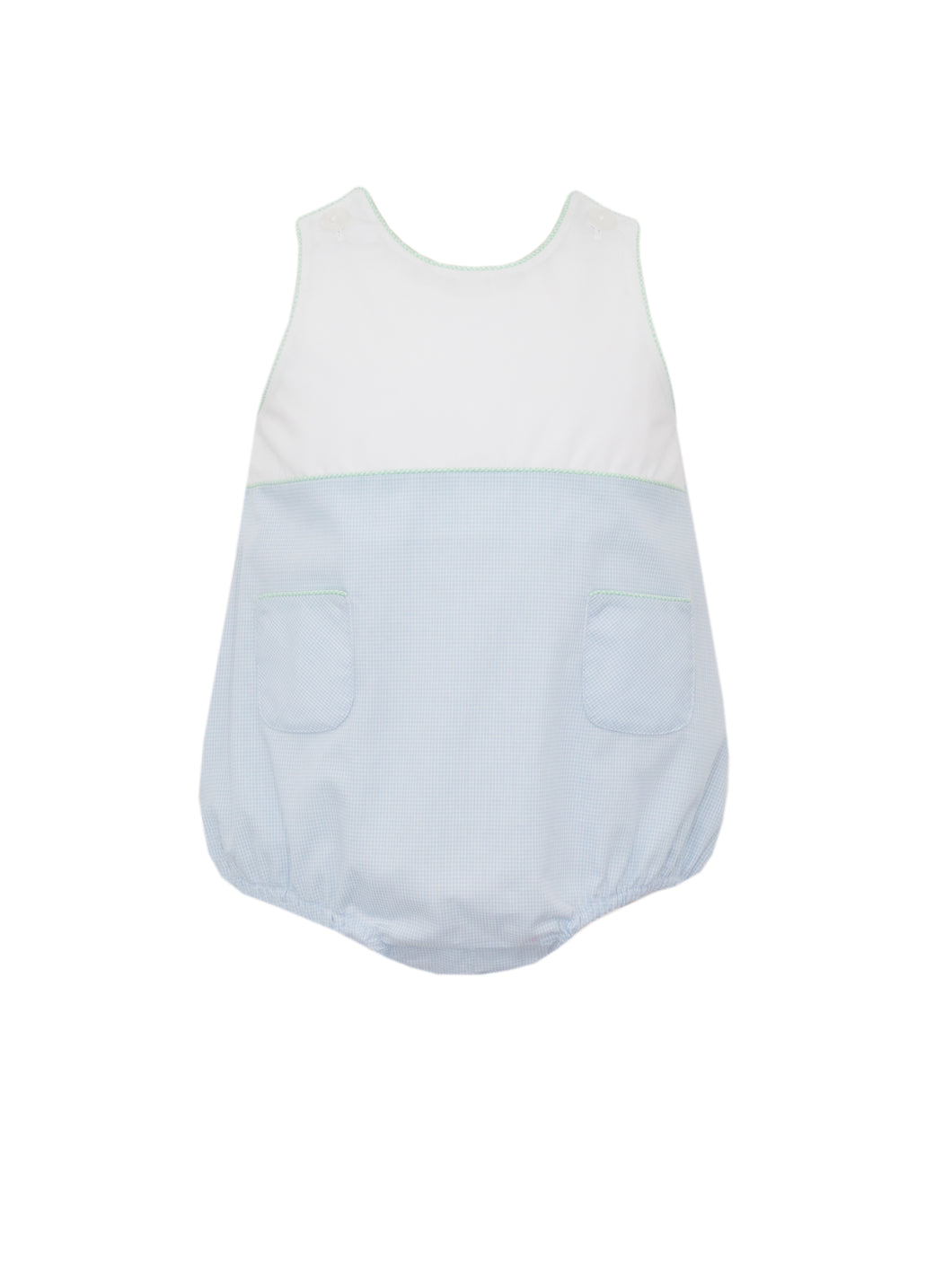 Introducing the perfect summer outfit for your little gentleman - the Boy's Blue Gingham Sunbubble from petit bebe! This adorable sunbubble features an eye-catching blue and white mini check pattern with a crisp white front, making it ideal for adding a monogram. With its classic bubble style and colors, your infant boy will look dashing and feel comfortable all season long.