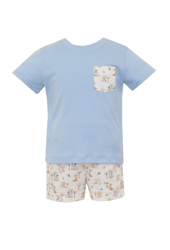 Experience wild adventures with your little one in our Toddler Boys Safari Print Shorts Set from Petit Bebe! This classic tee shirt and shorts set design showcases adorable zoo animals, making it perfect for outdoor playdates and animal lovers. Get yours now and let the fun begin!