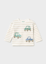 Load image into Gallery viewer, Adorable striped tee from Mayoral featuring a playful car print perfect for little ones. Classic design combines soft comfort with fun graphics—ideal for everyday wear. Simple, timeless style that works for any season. Pairs well with the matching Fleece Pants.&nbsp;
