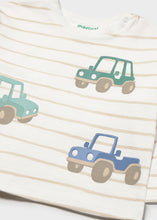 Load image into Gallery viewer, Adorable striped tee from Mayoral featuring a playful car print perfect for little ones. Classic design combines soft comfort with fun graphics—ideal for everyday wear. Simple, timeless style that works for any season. Pairs well with the matching Fleece Pants.&nbsp;
