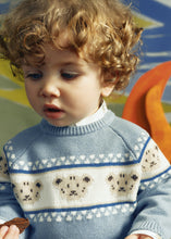 Load image into Gallery viewer, Soft jacquard knit sweater featuring an adorable teddy bear design in classic blue. The timeless pattern pairs effortlessly with khakis or neutral bottoms for a polished fall look. Perfect for layering on cooler days, this Mayoral piece combines playful charm with everyday wearability—a wardrobe essential that feels both sweet and sophisticated.
