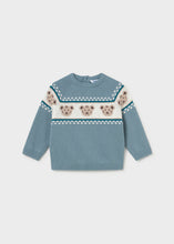 Load image into Gallery viewer, Soft jacquard knit sweater featuring an adorable teddy bear design in classic blue. The timeless pattern pairs effortlessly with khakis or neutral bottoms for a polished fall look. Perfect for layering on cooler days, this Mayoral piece combines playful charm with everyday wearability—a wardrobe essential that feels both sweet and sophisticated.
