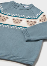 Load image into Gallery viewer, Soft jacquard knit sweater featuring an adorable teddy bear design in classic blue. The timeless pattern pairs effortlessly with khakis or neutral bottoms for a polished fall look. Perfect for layering on cooler days, this Mayoral piece combines playful charm with everyday wearability—a wardrobe essential that feels both sweet and sophisticated.
