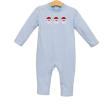 Load image into Gallery viewer, Celebrate the magic of Christmas with the Santa Trio Romper by Trotter Street Kids. This soft, blue and white striped knit romper delights with three charming Santa appliqués, wrapping your little one in festive cheer and cozy comfort all season long!

