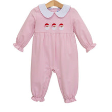 Load image into Gallery viewer, Celebrate the season with the Santa Trio Infant Girls Romper by Trotter Street Kids. Its soft pink and white stripes pair beautifully with a delicate Peter Pan collar, while charming Santa trio appliqués add festive magic to your little one’s holiday moments!
