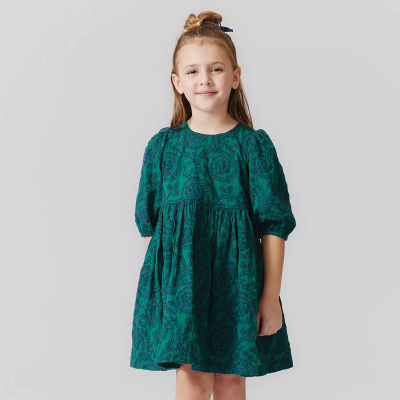Collection Classic! Whether covered in a field of Fall flowers or a swirling embroidered floral, our classically tailored Girls Brooke Dress is ready for anything and everything this season. Signature details include a rounded neck, twirl worthy full skirt, gathered puff sleeve and glitter buttons at the back. Available in this Fall's fabulous patterns, Evergreen with Navy Embroidery, Inca Gold with White Embroidery and our shimmery Autumn Flowers.