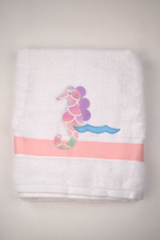 Load image into Gallery viewer, Find your perfect beach companion with our Embroidered Beach Towel from Funtasia Too! Featuring a stunning embroidered fish design on a white towel, this classic beach essential is available in three vibrant colors and designs. Experience comfort and style on your summer days with this must-have beach towel.
