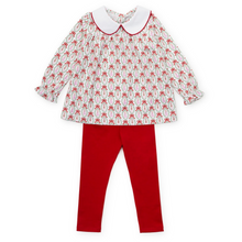 Load image into Gallery viewer, Dress your little one in festive charm with the Morgan Set Girls&#39; Legging Set - Nutcracker Ballet by Lila &amp; Hayes. This playful print tunic &amp; leggings outfit features a whimsical nutcracker ballet print with a classic Peter Pan collar, perfectly paired with vibrant red leggings. Designed for comfort and style, this set brings joyful holiday spirit to any occasion while allowing your child to move and play freely. Make holiday moments memorable with this delightful ensemble.
