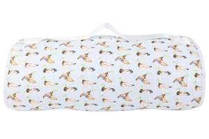 Have no fear about your child sleeping on the ground at school - The Nap Mat is pure luxury!  Made from cotton with soft bamboo pillowcase and blanket inside, and poly fill throughout. Plush and comfortable, your toddler is sure to get great rest. Shoulder strap is two inches wide to allow plenty of room for embroidery. 

To care for these products, we recommend removing pillow insert and machine washing on gentle cycle and dry on low heat. Detergent poured directly onto mat may cause discoloration. Use dis