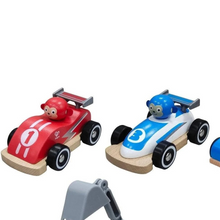 Load image into Gallery viewer, Pick one or all of these amazing handheld vehicles with their own driver.

Red Racecar
Blue Racecar
Firetruck
Police Car
Bulldozer
Digger

Articulated digger arms, bulldozer bucket and fire truck ladders are featured on different vehicles.&nbsp;

The animal drivers&#39; heads rotate for enhanced play!

Each sold separately.
