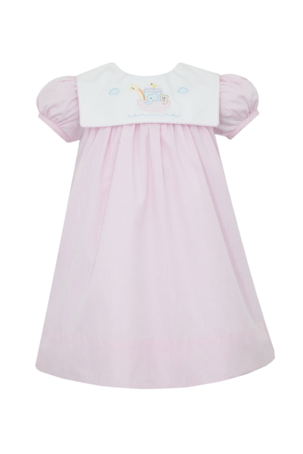 Dress your little one in the charming Girl's Noah's Ark Collar Dress from Anavini. This pink and white check dress features short sleeves, a large square collar, and charming Noah's Ark embroidery. Perfect for Easter or any Sunday event, this sweet and elegant piece will surely make her stand out!