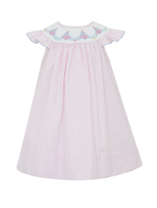 This charming pink and white seersucker dress from Anavini features delicate hand-smocked embroidery of sailboats on a classic bishop collar. With flutter sleeves and a timeless striped pattern, it’s perfect for keeping your little girl cool and stylish all summer long. Designed for infants to toddlers, this dress is a must-have addition to her warm-weather wardrobe.