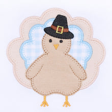 Load image into Gallery viewer, Dress your little one in festive charm with the Pilgrim Pals Applique Collared Bubble by Magnolia Baby. Crafted from soft pima cotton, this bubble ensures gentle comfort for delicate skin. The blue and white check collar adds a classic touch, while the adorable turkey &quot;Pilgrim&quot; applique brings a playful Thanksgiving spirit. Perfect for celebrating the season in style, this bubble combines softness and sweetness for your infant boy&#39;s special moments.&nbsp;
