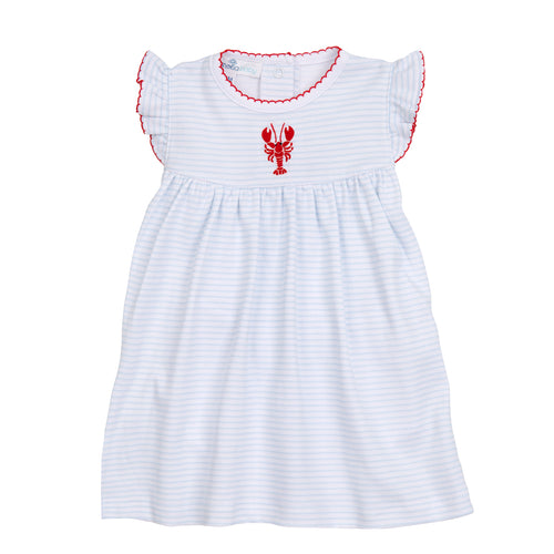 Inspire your little one's style with our Lil' Snappers Embroidered Flutters Dress! This blue and white stripe knit dress is perfect for toddler girls, featuring adorable flutter sleeves and an embroidered lobster on the chest. With a touch of whimsy and a charming design, your child will look and feel amazing.