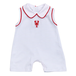 Get your little boy dressed in style with the Lil' Snappers Peter Pan Collar Jon Jon from Magnolia Baby! Made with comfy knit fabric, this adorable outfit features blue and white stripes, a classic peter pan collar, and a cute embroidered lobster. Perfect for any occasion, your little one will look absolutely charming in this jon jon!