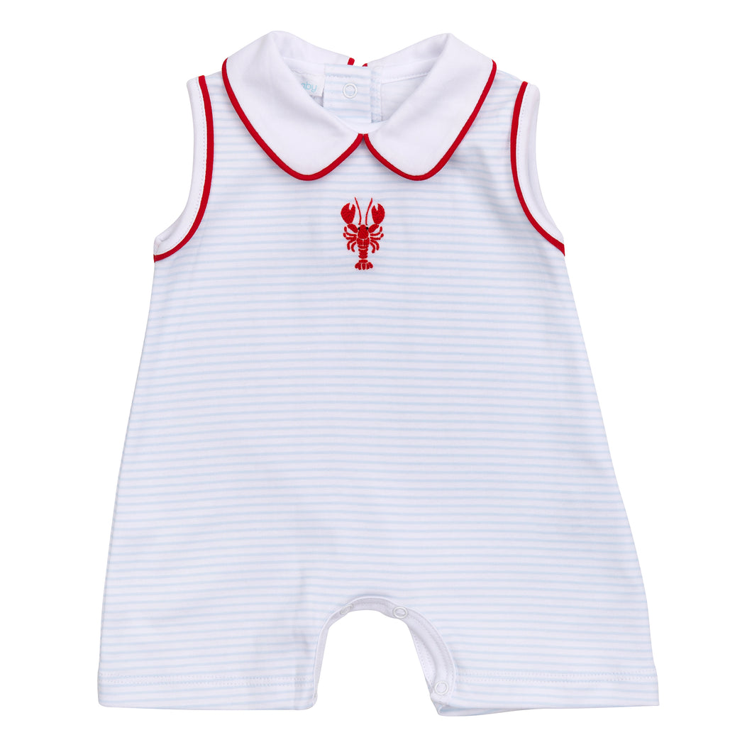 Get your little boy dressed in style with the Lil' Snappers Peter Pan Collar Jon Jon from Magnolia Baby! Made with comfy knit fabric, this adorable outfit features blue and white stripes, a classic peter pan collar, and a cute embroidered lobster. Perfect for any occasion, your little one will look absolutely charming in this jon jon!