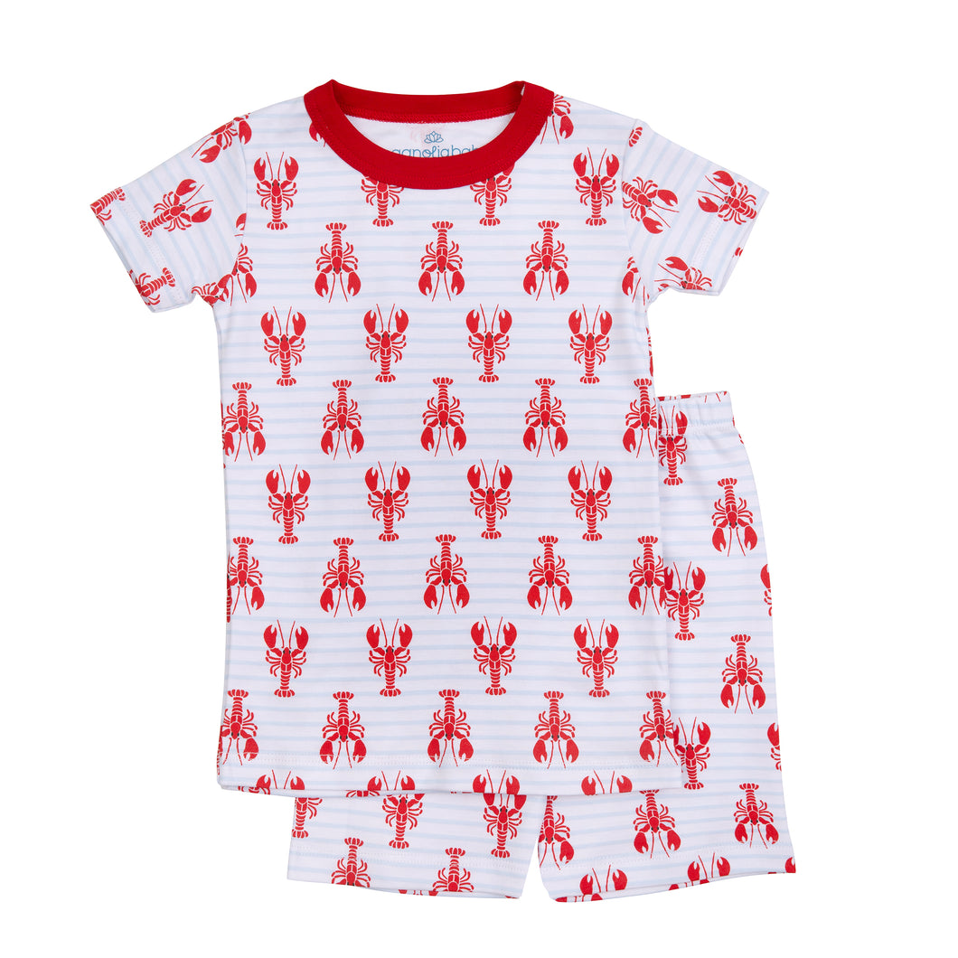 Dress your little one in our Lil' Snappers 2-Piece Shorts Pajamas for an adorable and comfortable sleep all summer long. These pajamas feature a playful lobster print on a soft striped knit fabric, making them perfect for warm nights. Give your child the gift of sweet dreams in style!
