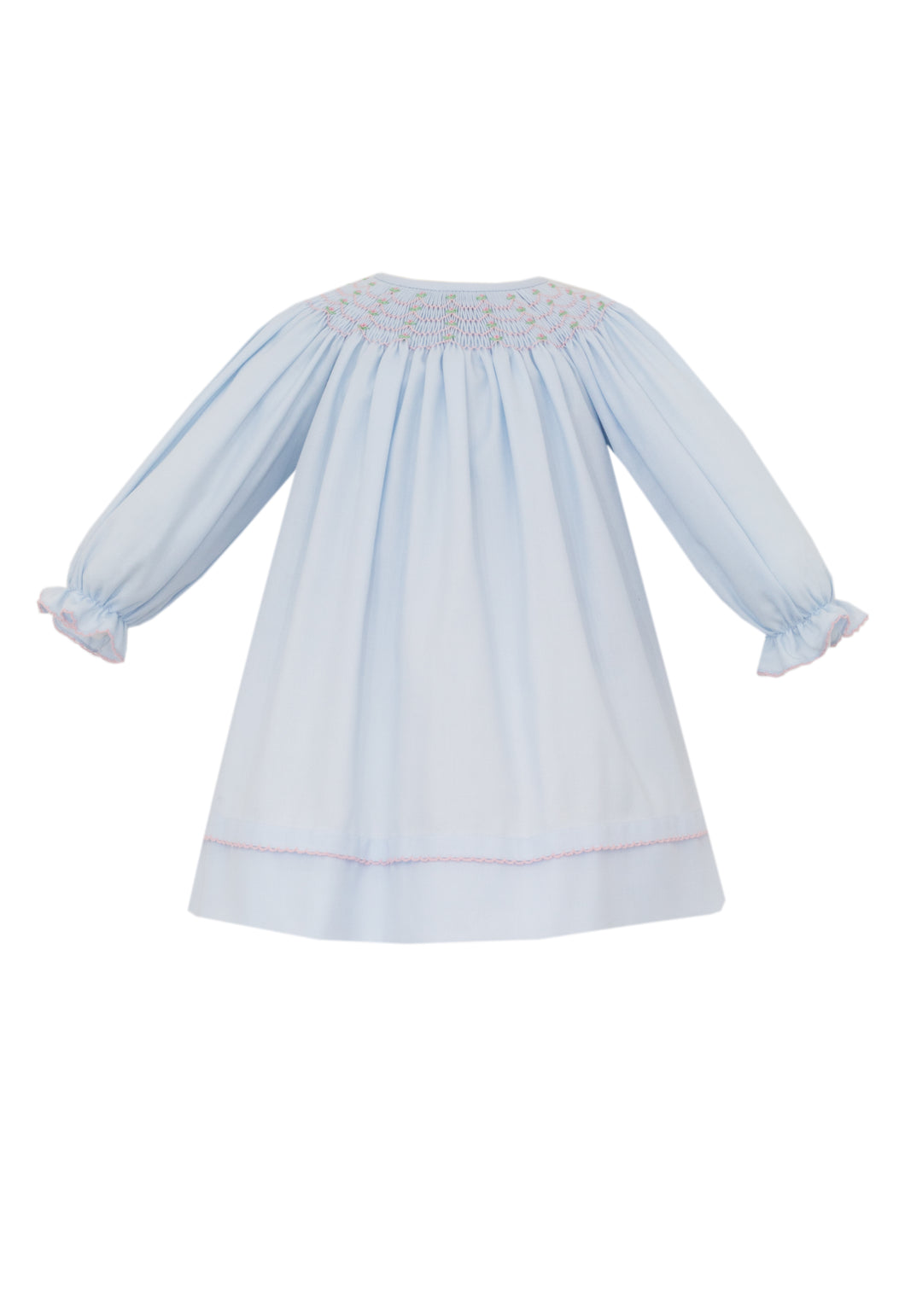 Girls Kaylee Bishop Long Sleeve Dress from Ananvini combines timeless style with delicate craftsmanship. Its smocked neckline, adorned with hand-embroidered details, adds a charming, personalized touch. The classic blue hue and long sleeves make it an elegant choice for family photos or special occasions, ensuring your little one looks picture-perfect while staying comfortable.