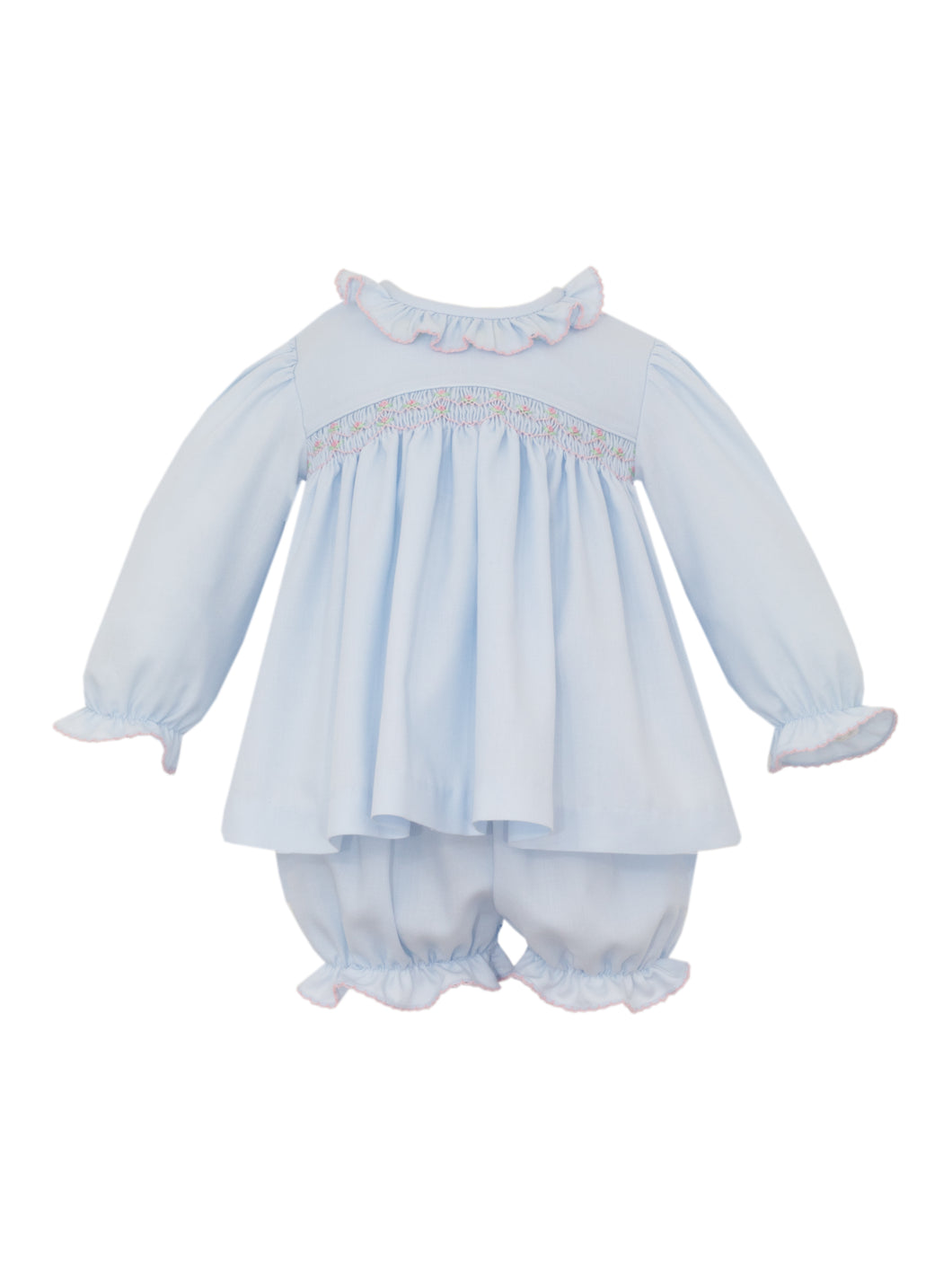 Girls Kaylee Smocked Long Sleeve Bloomer Set from Ananvini combines timeless style with delicate craftsmanship. Its smocked detail and ruffle neckline, adorned with hand-embroidered details, adds a charming, personalized touch. The classic blue hue and long sleeves make it an elegant choice for family photos or special occasions, ensuring your little one looks picture-perfect while staying comfortable.