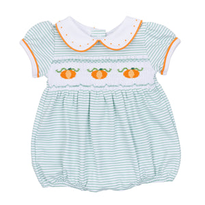 Dress your little one in cozy fall charm with the Lil' Pumpkin Classics Smocked Short Sleeve Girl Bubble in Celery by Magnolia Baby. This adorable infant bubble features delicate smocking, embroidered pumpkin accents, and a timeless collar that blends classic style with comfortable wear. Perfect for autumn days, it’s an easy way to keep your baby looking sweet and seasonally dressed.
