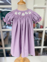 Load image into Gallery viewer, Celebrate Halloween in style with the Spooky Ghosts Bishop Dress by Cape Point Clothing Co.! Its soft purple corduroy and charming ghost smocking bring festive fun to your toddler’s wardrobe, while pink ric rac and ruffle sleeves add playful sweetness. Ready for every magical Halloween moment!

 
